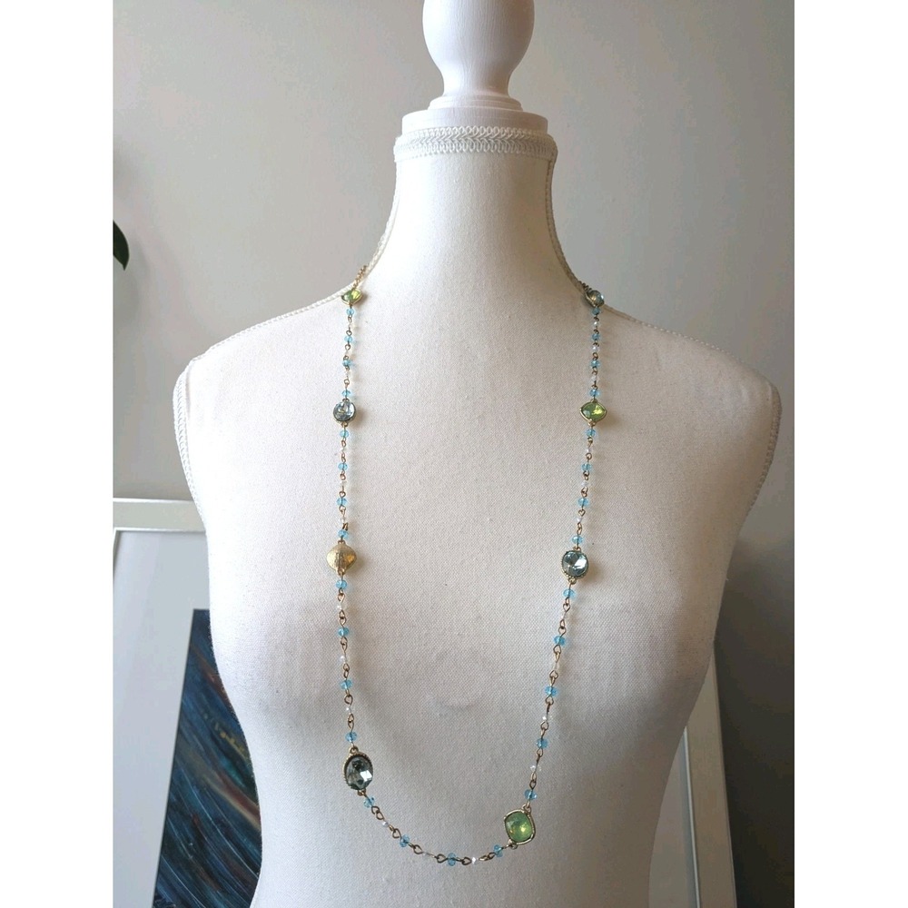Romantic Bezel Station Necklace Gold Tone Teal Green Whimsical Dainty Long